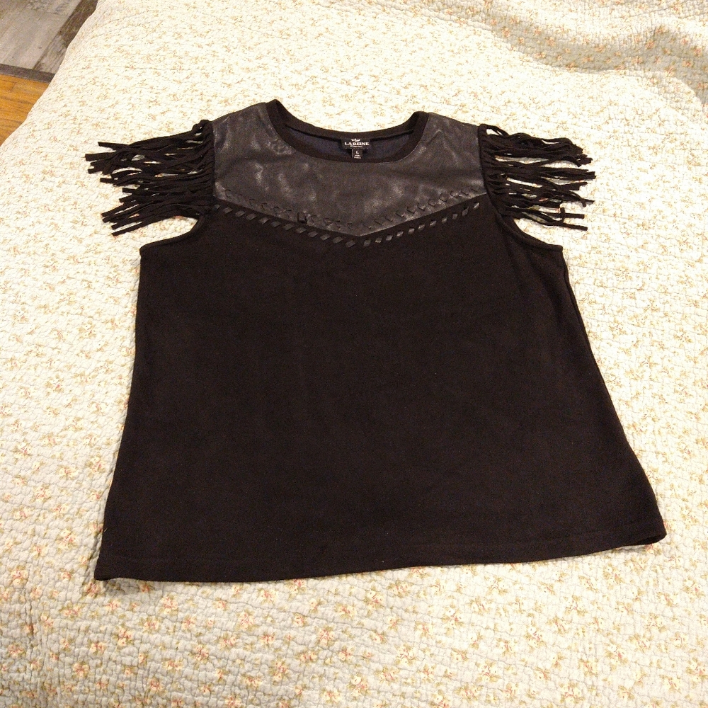 LA Reine Faux Leather and Suede Shirt with Fringe